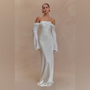 Satin Off-Shoulder White Maxi Dress